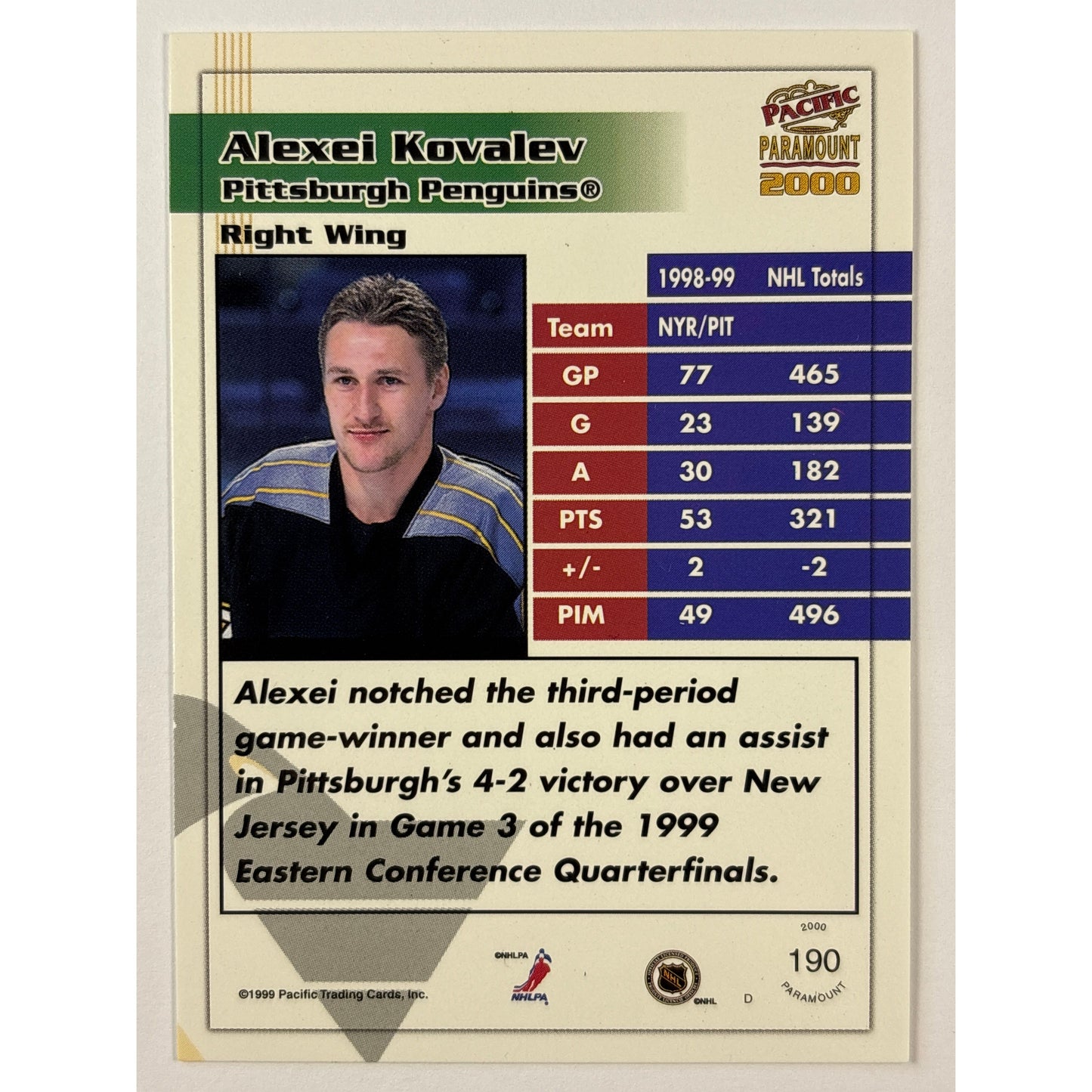 1999-2000 Pacific Paramount Alexei Kovalev Premiere Date 07/50