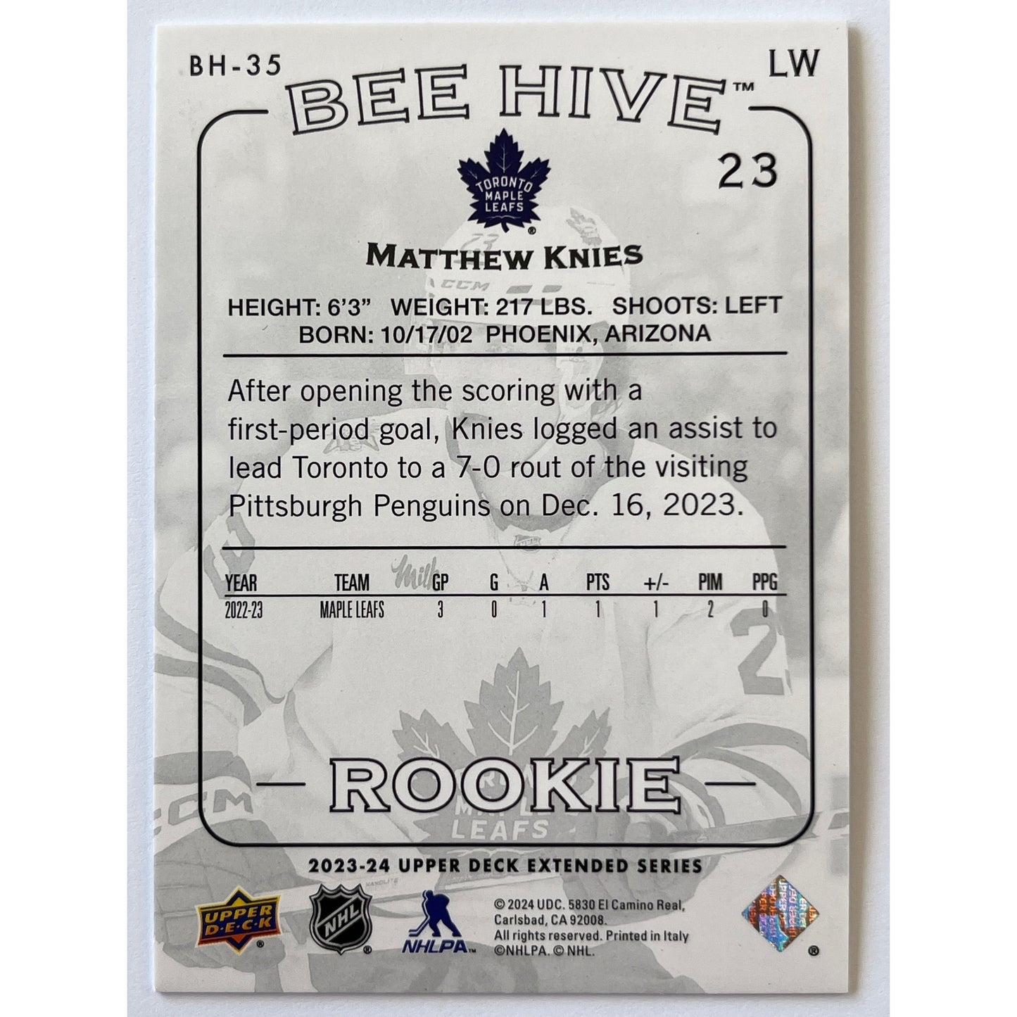 2023-24 Extended Series Matthew Knies Bee Hive Rookie