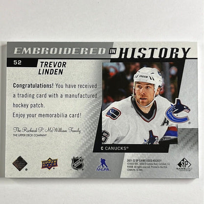 2021-22 Sp Game Used Trevor Linden Captain Canuck Embroidered In History