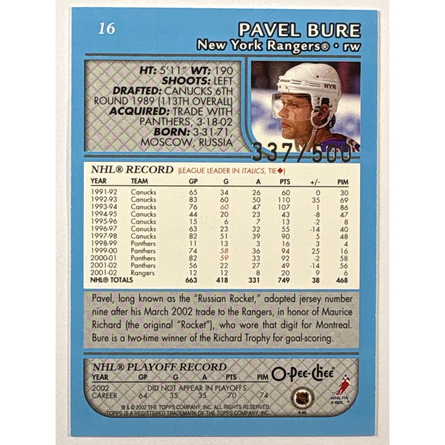 2002-03 O-Pee-Chee Premier Pavel Bure Blue Foil /500