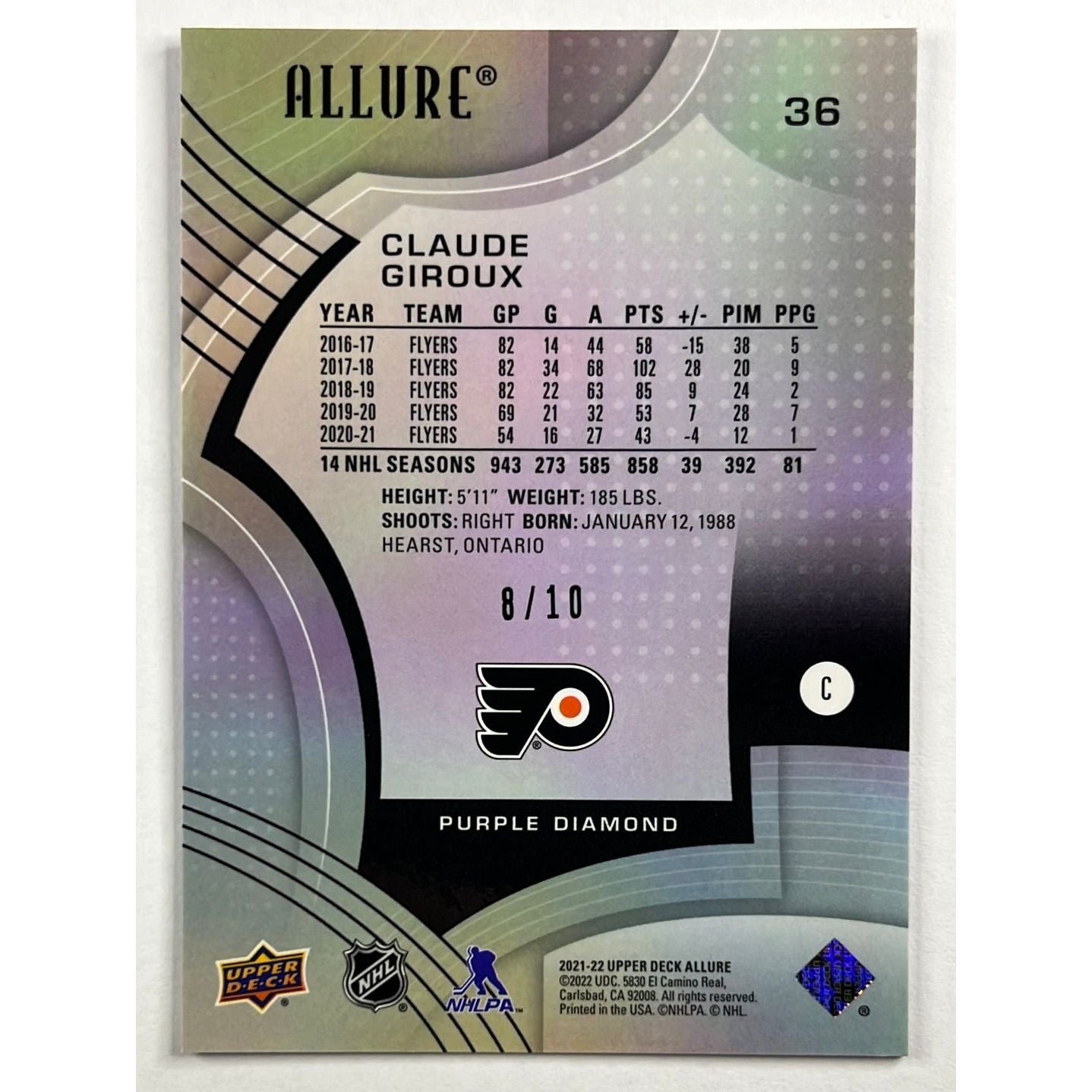 2021-22 Allure Claude Giroux Purple Diamond 8/10