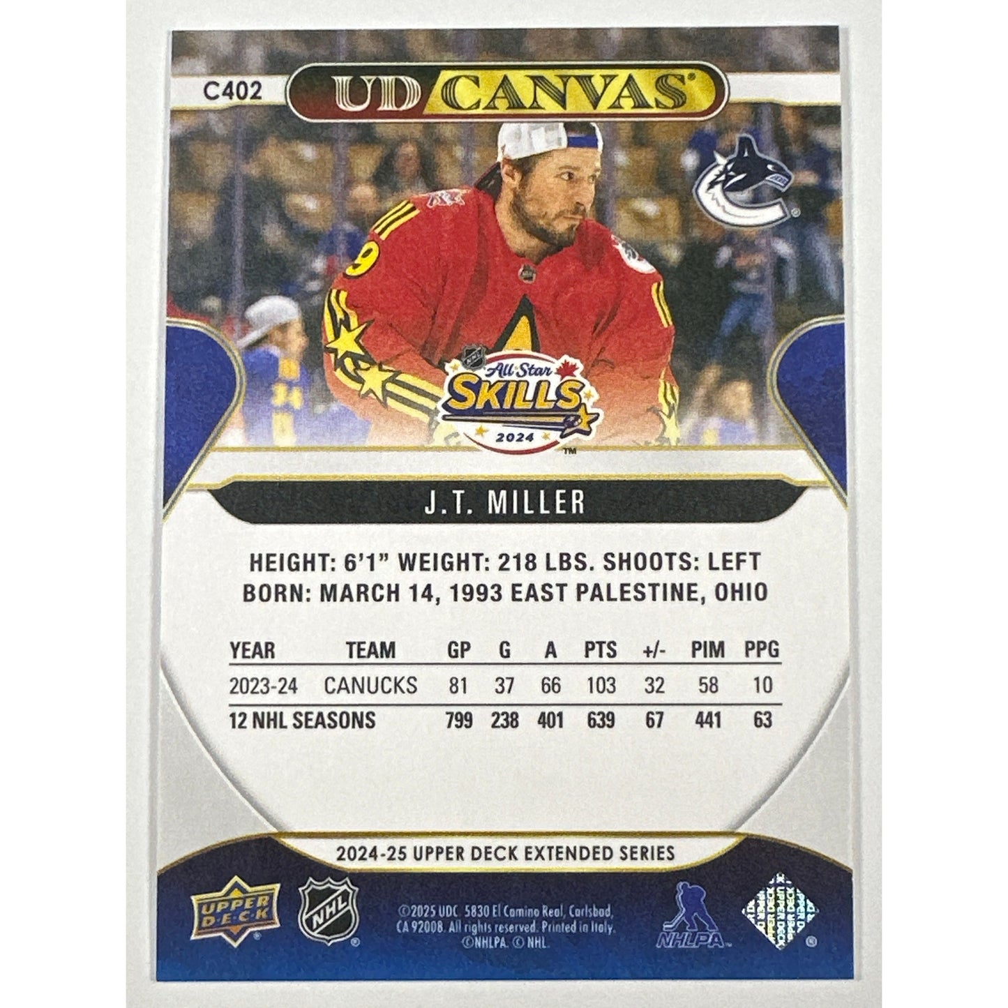 2024-25 Upper Deck Extended Series J.T. Miller All Star Skills 2024 UD Canvas SP