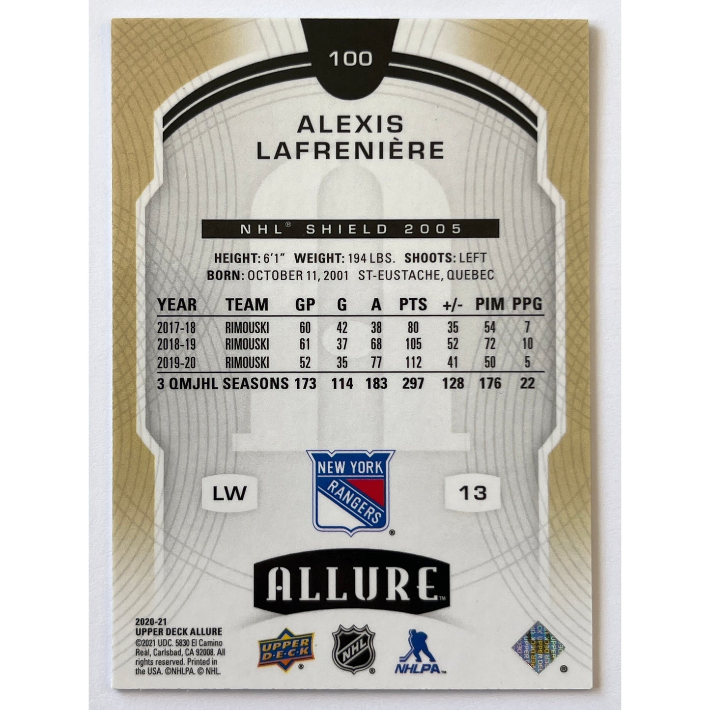 2020-21 Allure Alexis Lafreniere 2005 NHL Shield RC