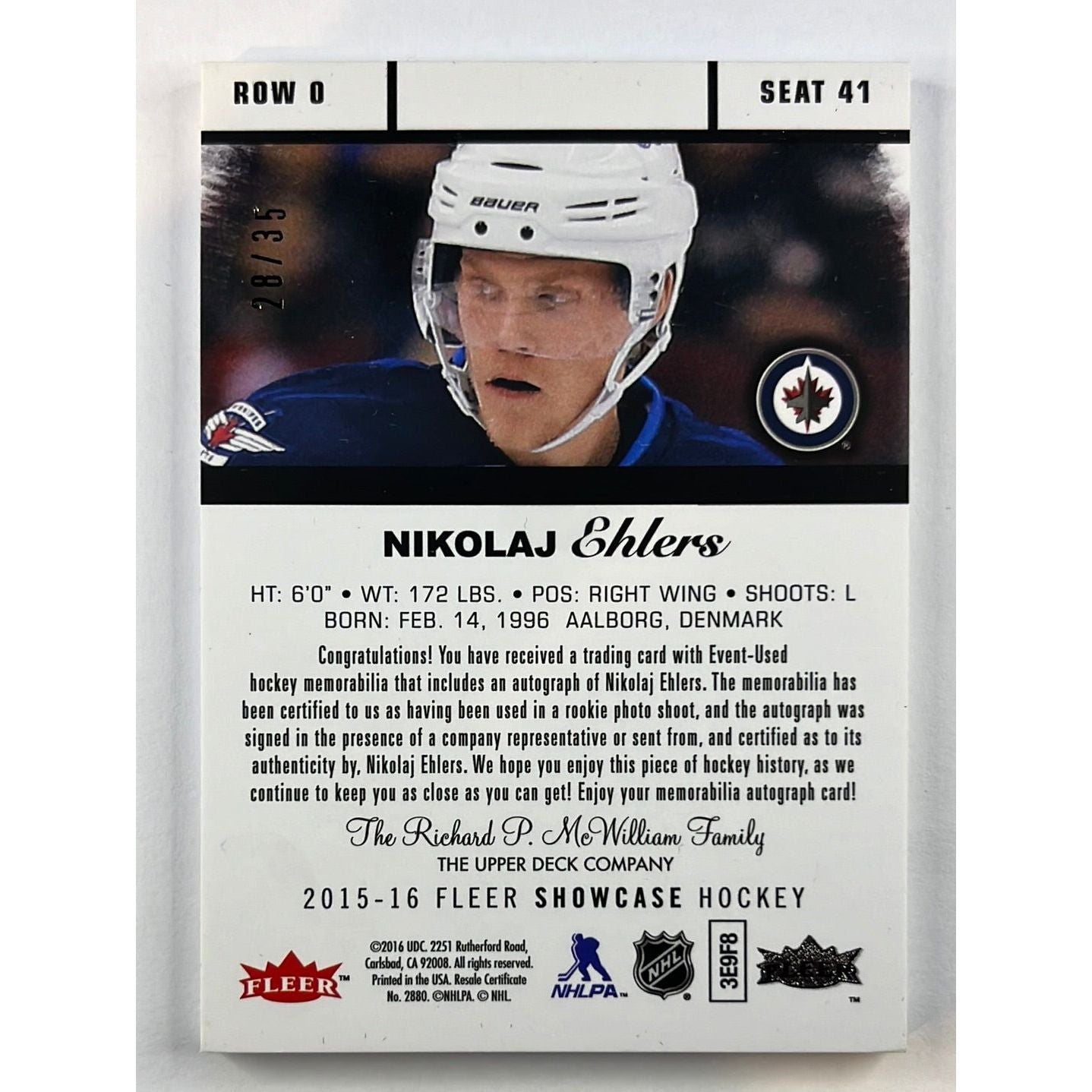 2015-16 Fleer Showcase Nikolaj Ehlers Rookie Patch Auto /35