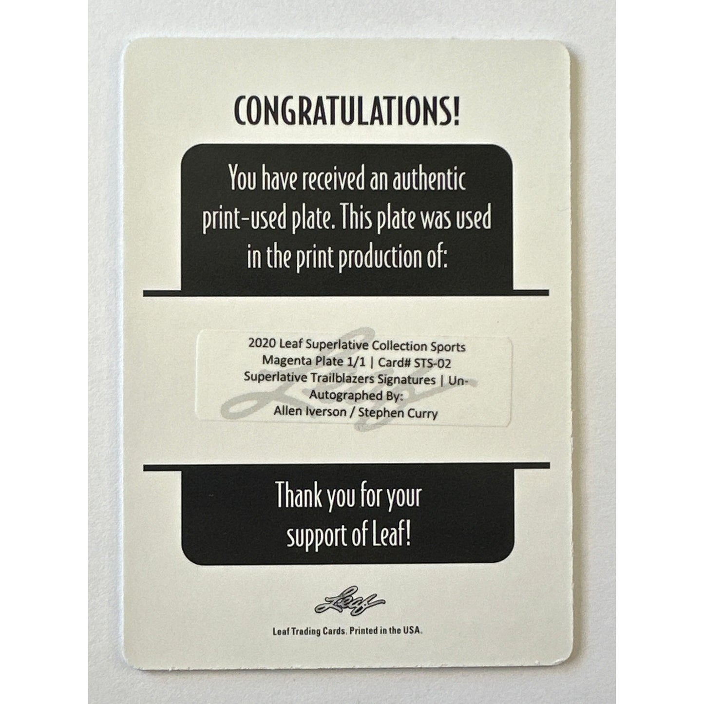 2020 Leaf Superlative Collection Steph Curry / Allen Iverson Magenta Printing Plate 1/1