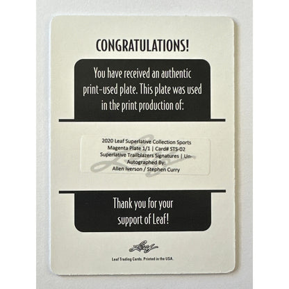 2020 Leaf Superlative Collection Steph Curry / Allen Iverson Magenta Printing Plate 1/1