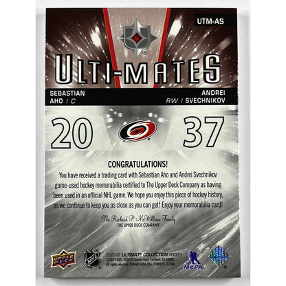 2021-22 Ultimate Collection Sebastian Aho / Andrei Svechnikov Ulti-Mates Game Used Dual Patch