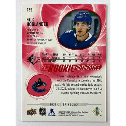2020-21 SP Authentic Nils Hoglander Rookie Authentics /799