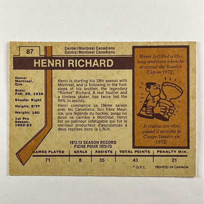 1973-74 O-Pee-Chee Henri Richard #87