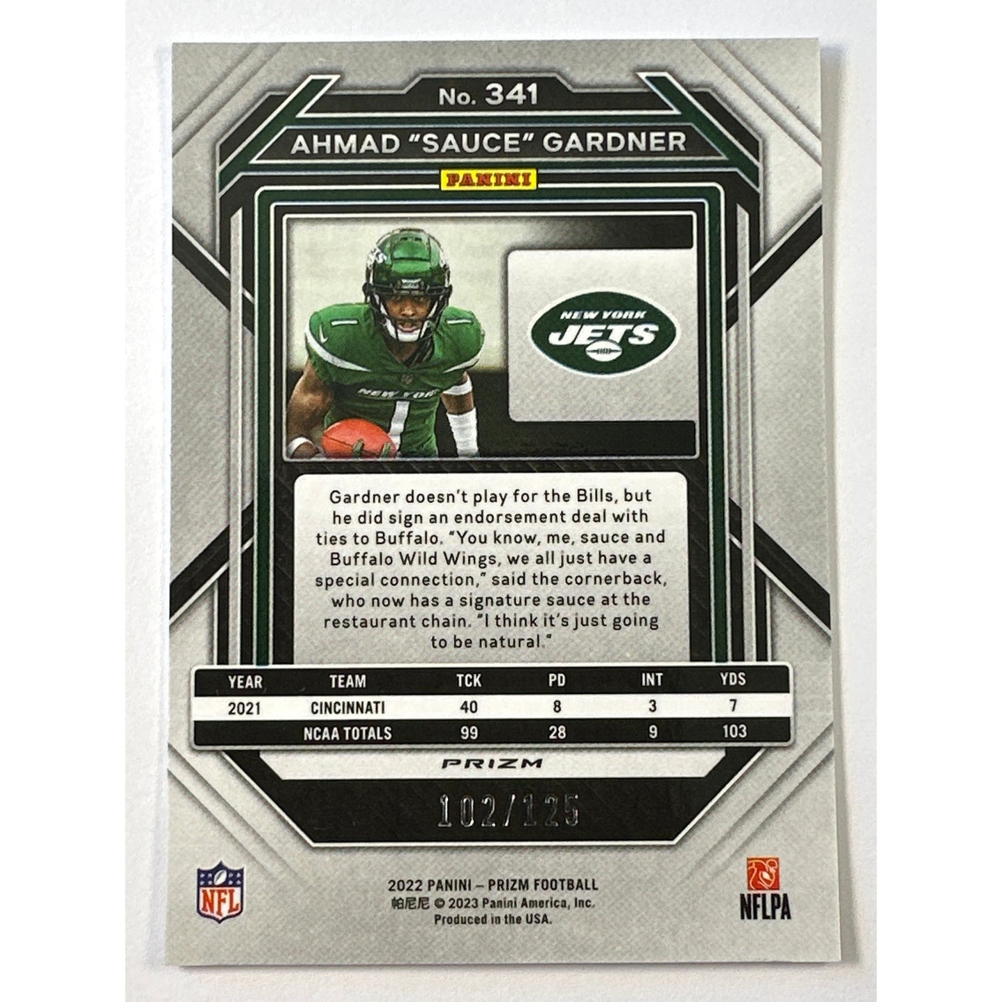 2022 Panini Prizm Ahmad “Sauce” Gardner Purple Holo Prizm RC /125