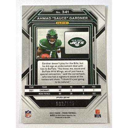 2022 Panini Prizm Ahmad “Sauce” Gardner Purple Holo Prizm RC /125