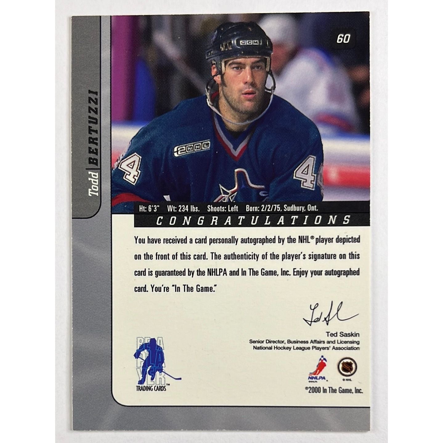 2000-01 Be A Player Todd Bertuzzi Gold Signature Series Auto