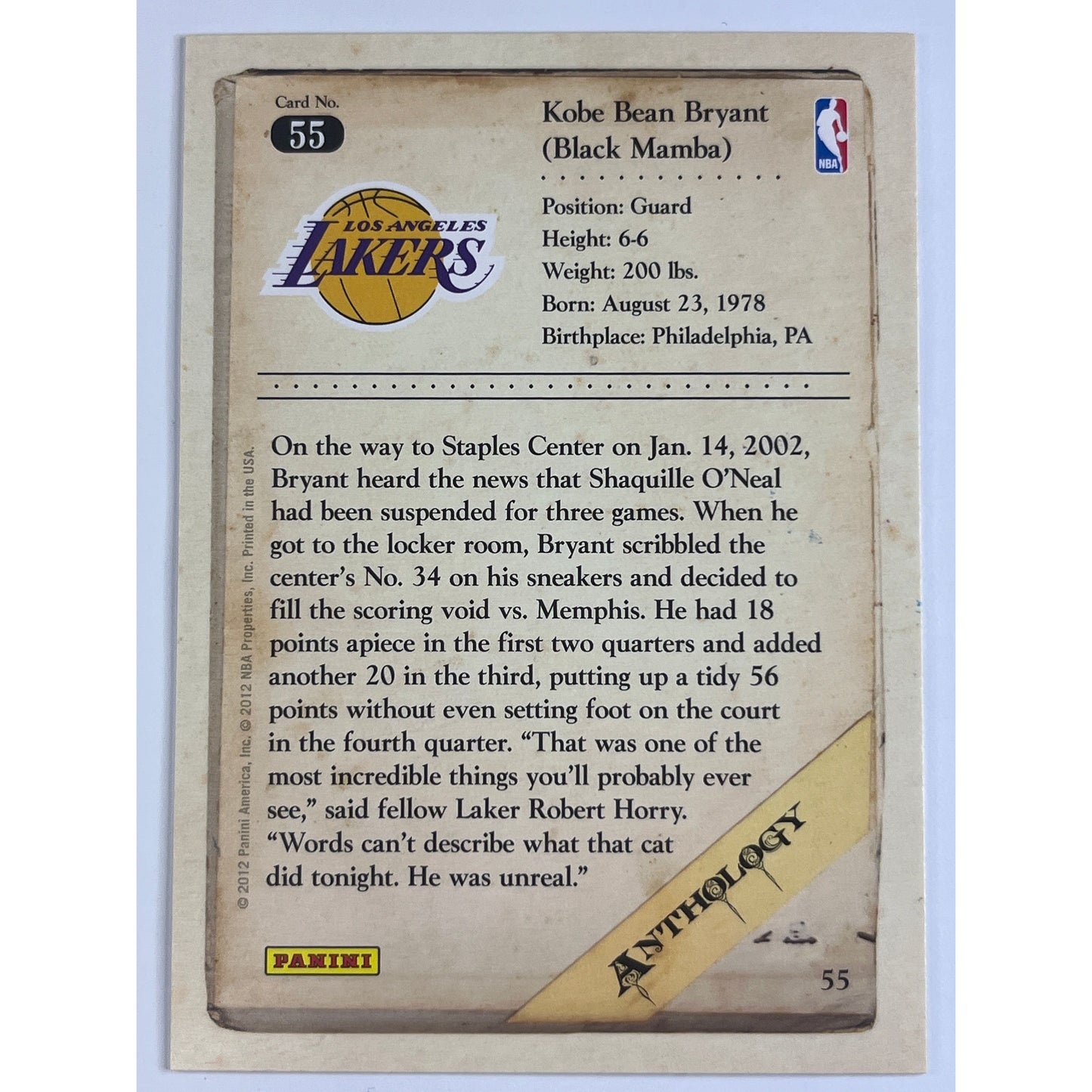 2012 Panini Anthology Kobe Bryant #55