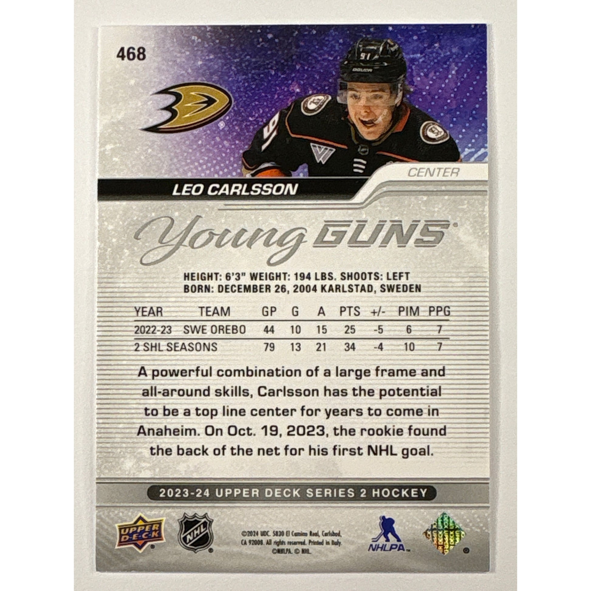 2023-24 Upper Deck Series 2 Leo Carlsson Young Guns | Local Legends Cards & Collectibles