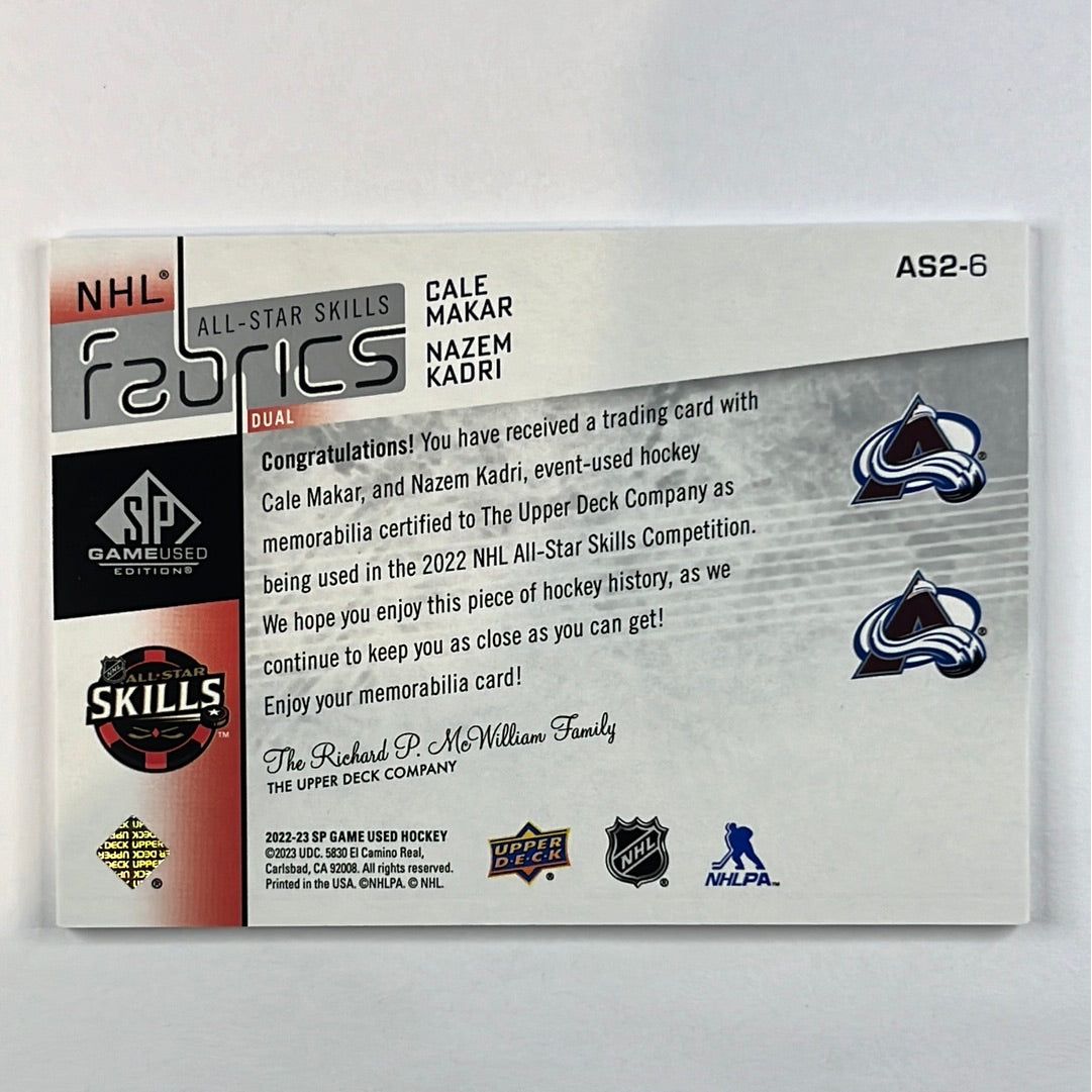 2022-23 SP Game Used Cale Makar / Nazem Kadri All-Star Skills Fabrics Dual