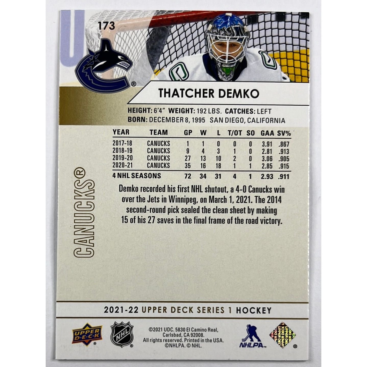 2021-22 Series 1 Thatcher Demko Speckle Foil