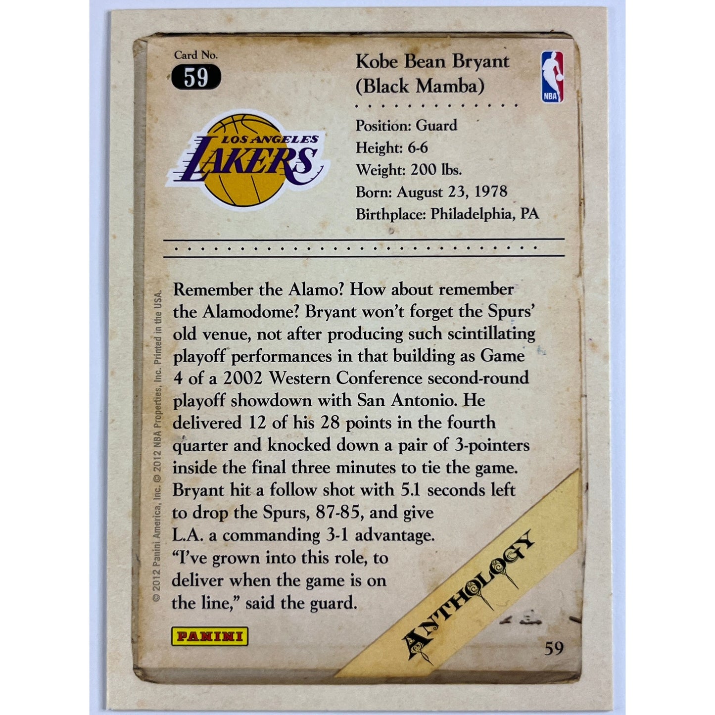 2012 Panini Anthology Kobe Bryant #59