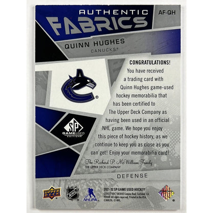 2021-22 SP Game Used Quinn Hughes Authentic Fabrics