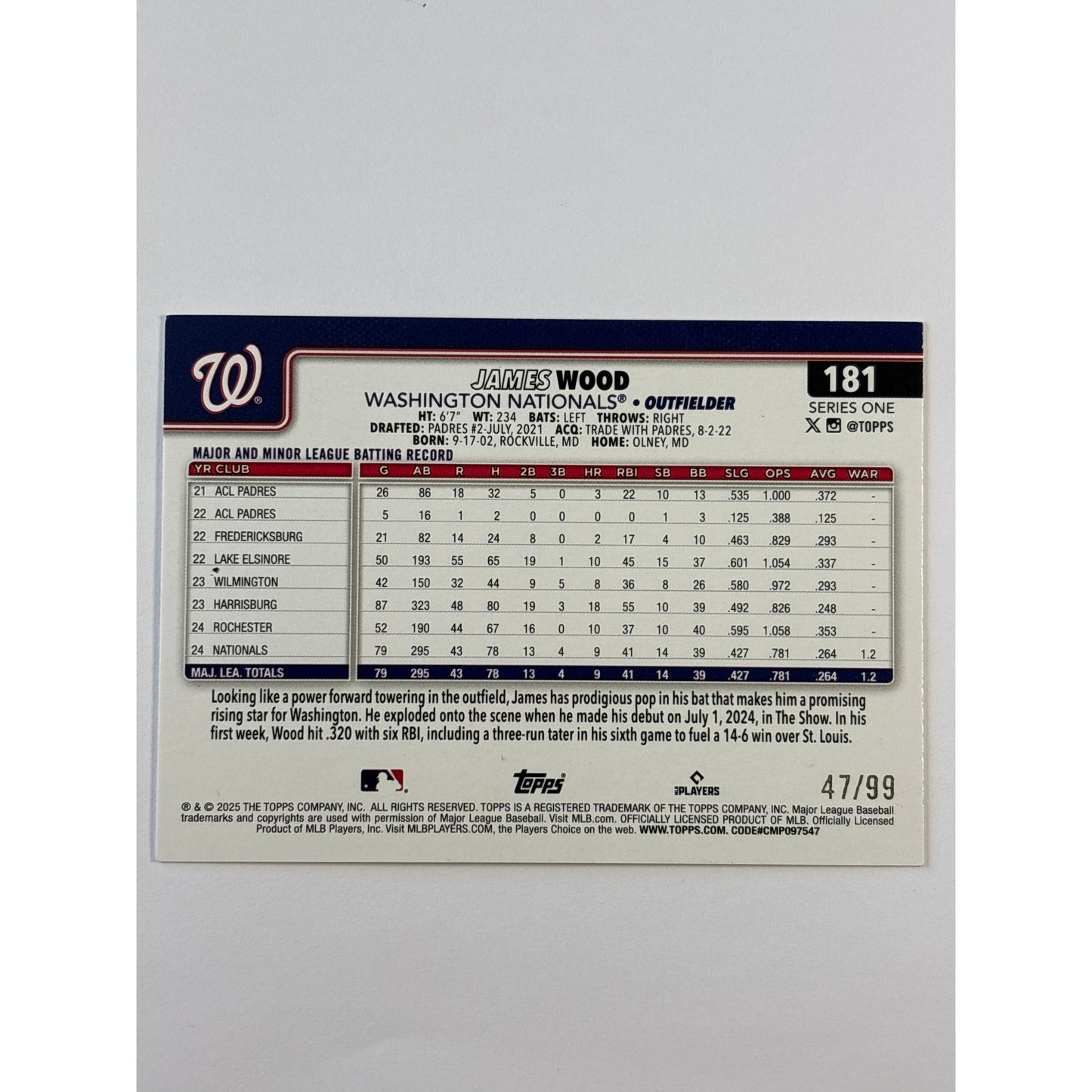 2025 Topps Series 1 James Wood Green Speckle Refractor RC /99 | Local Legends Cards & Collectibles