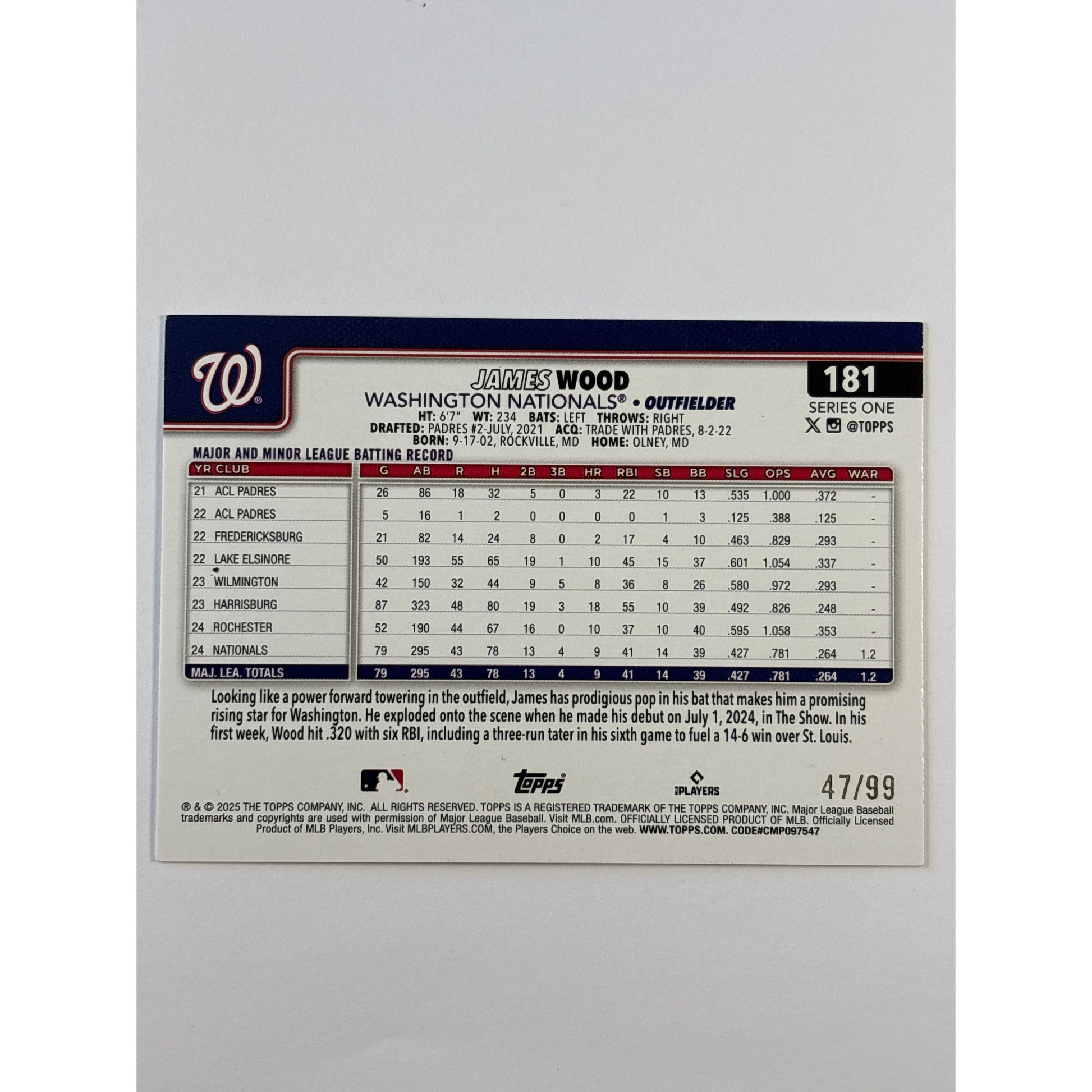 2025 Topps Series 1 James Wood Green Speckle Refractor RC /99 | Local Legends Cards & Collectibles