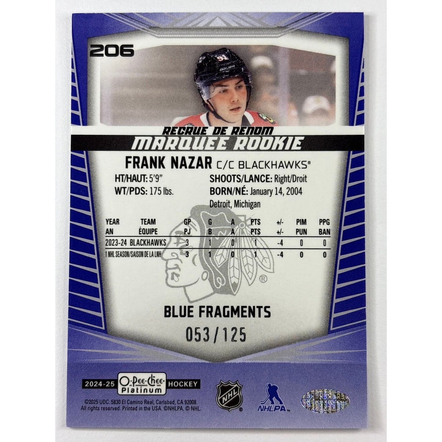 2024-25 O-Pee-Chee Platinum Frank Nazar Blue Fragments RC /125 | Local Legends Cards & Collectibles