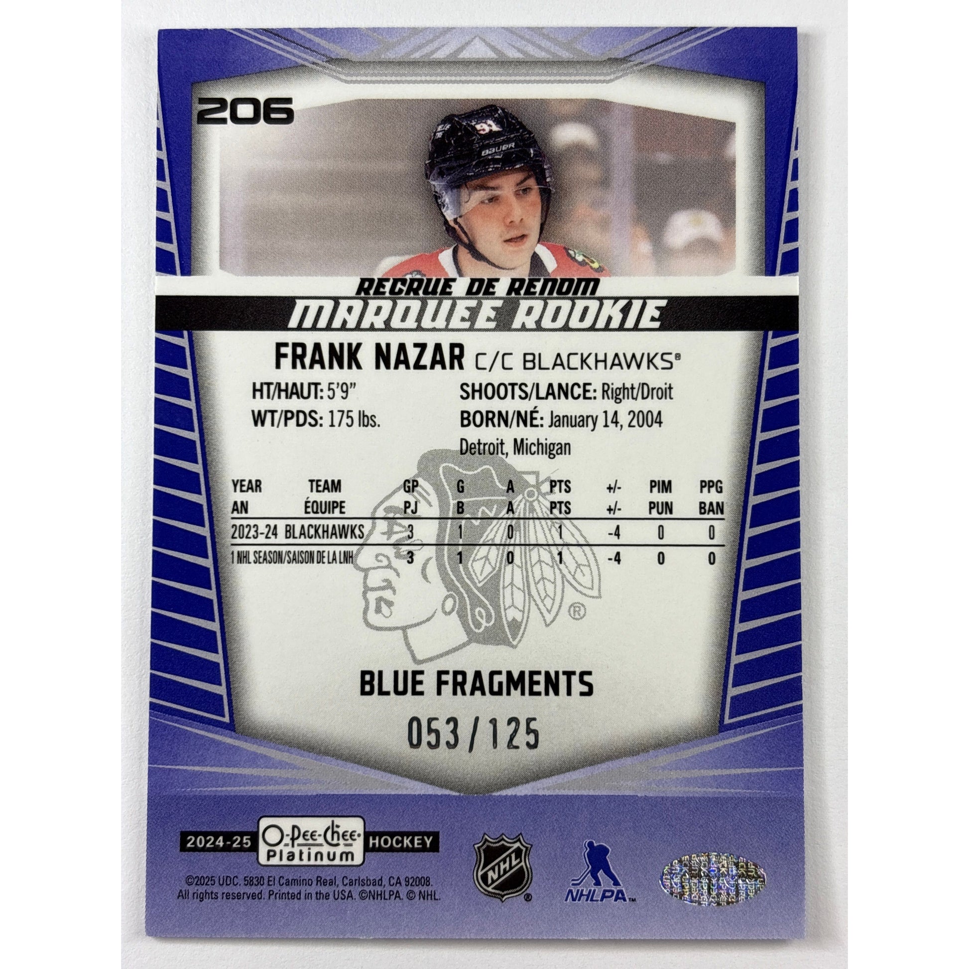 2024-25 O-Pee-Chee Platinum Frank Nazar Blue Fragments RC /125 | Local Legends Cards & Collectibles