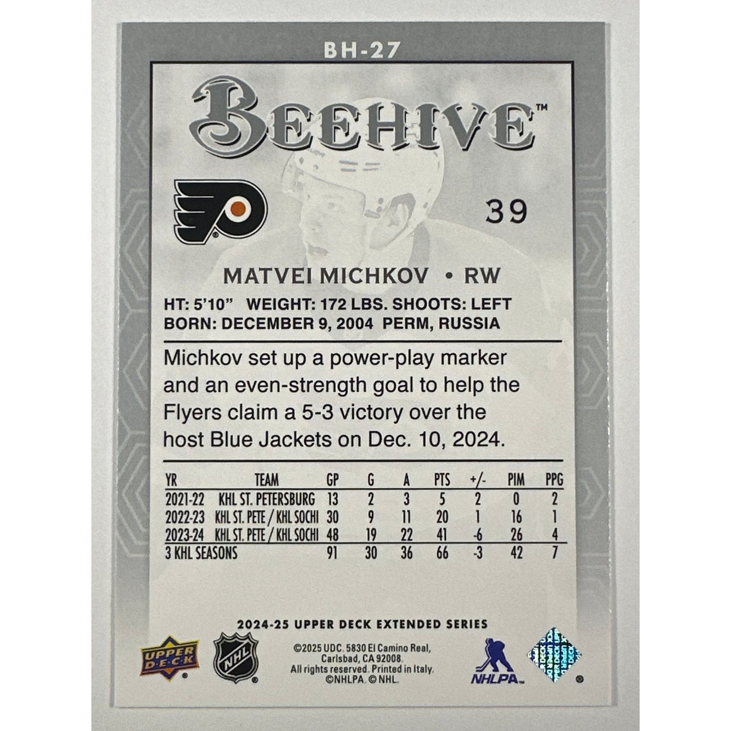 2024-25 Upper Deck Extended Series Matvei Michkov Bee Hive RC