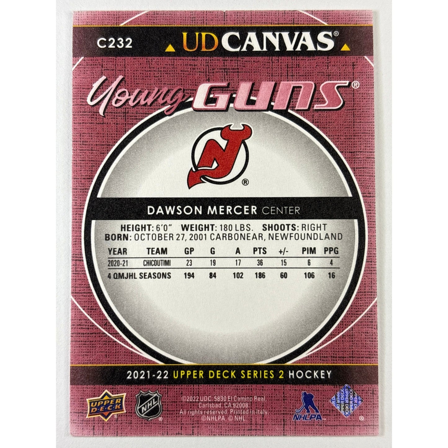 2021-22 Upper Deck Series 2 Dawson Mercer UD Canvas Young Guns