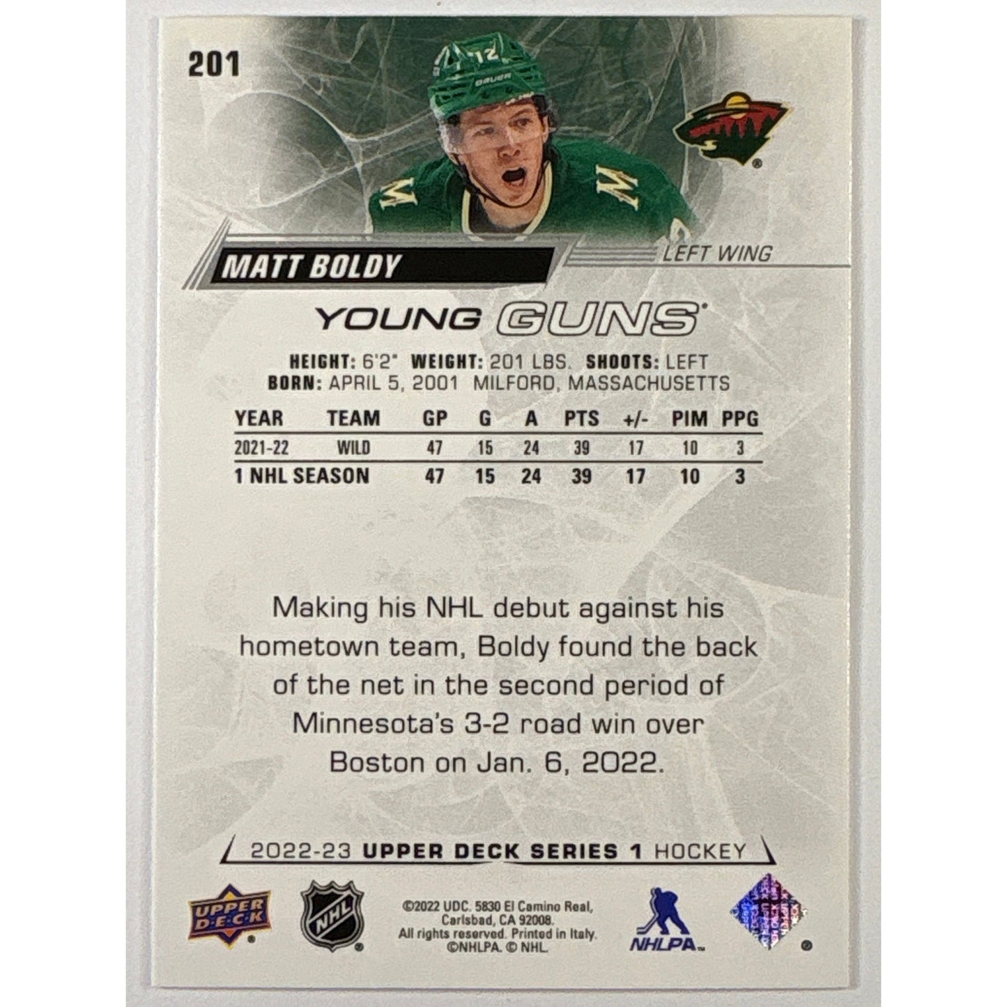 2022-23 Upper Deck Series 1 Matt Boldy Young Guns