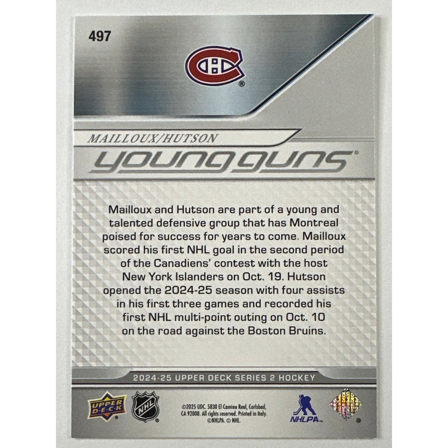 2024-25 Upper Deck Series 2 Mailloux / Hutson Young Guns Teammates