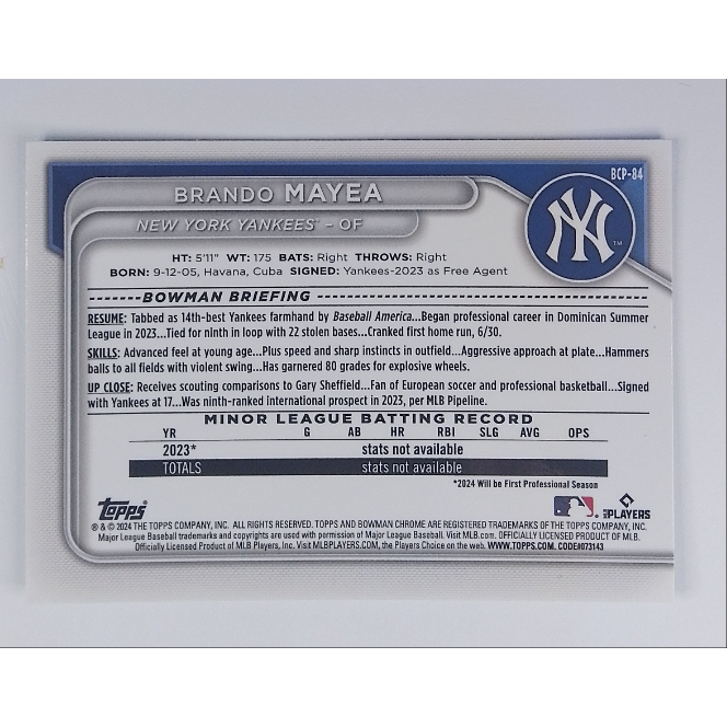 2024 Topps Bowman Chrome Brando Mayea Lunar Green