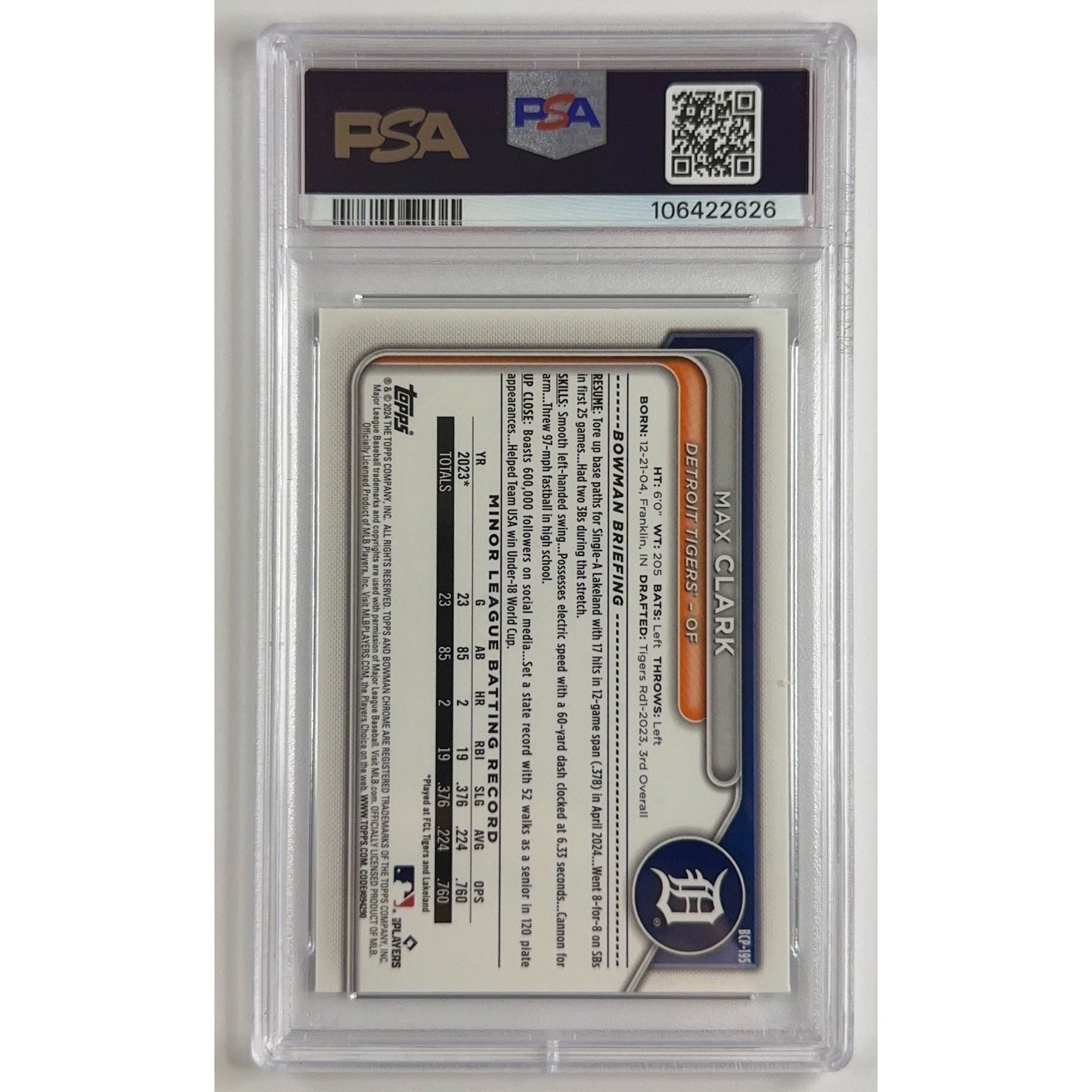 2024 Bowman Chrome Max Clark M/B Prospects Aqua Refractor 024/299 PSA 10 GEM MINT