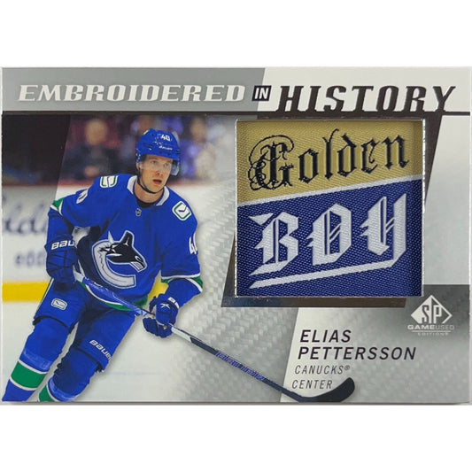 2021-22 SP Game Used Elias Pettersson “Golden Boy” Embroidered In History