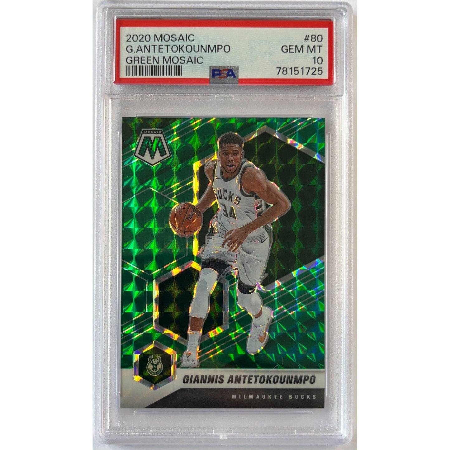 2020-21 Mosaic Giannis Antetokounmpo Green Mosaic Prizm PSA 10 GEM MINT