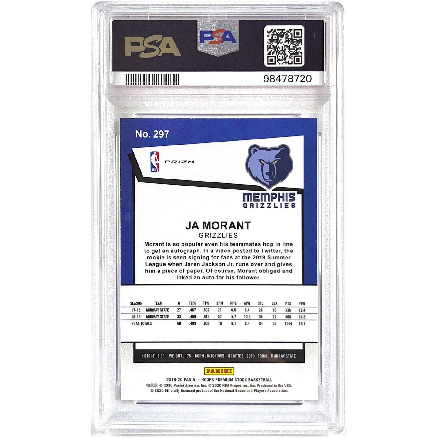2019-20 Hoops Premium Stock Ja Morant Purple Disco Throwback Tribute RC