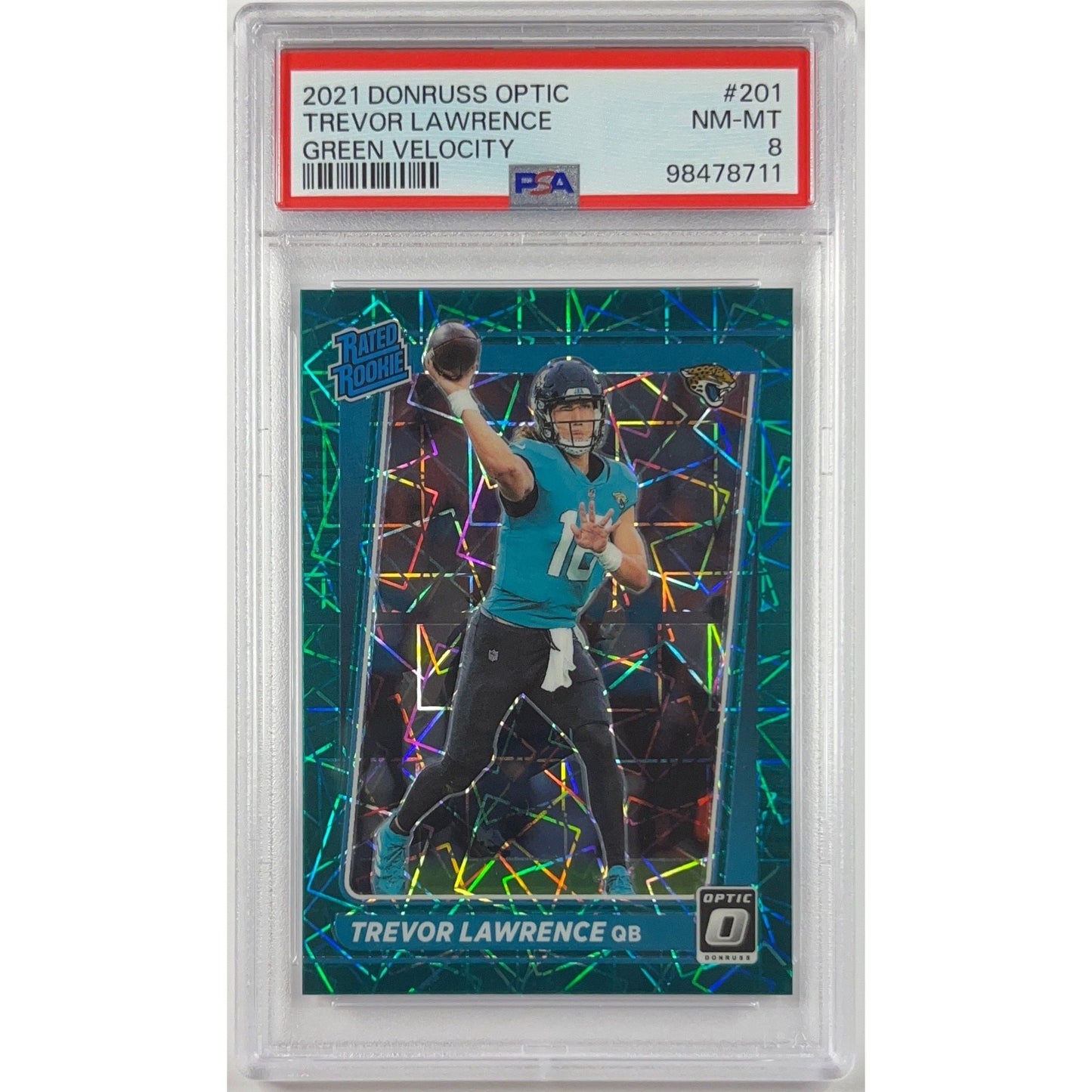 2021 Donruss Optic Trevor Lawrence Green Velocity Rated Rookie PSA 8 NM-MT