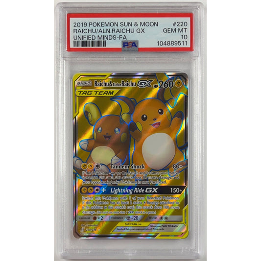 Tag Team Raichu & Alolan Raichu GX Holo Ultra Rare 220/238 PSA 10 GEM MINT