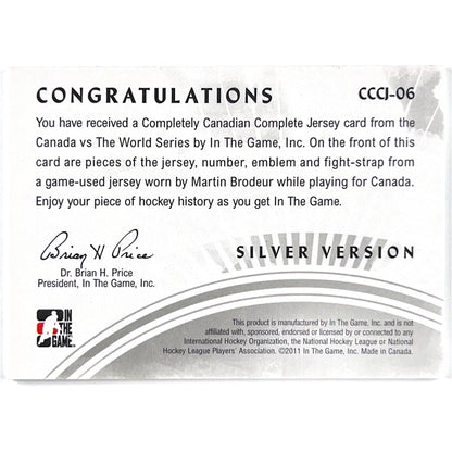 2010-11 In The Game Martin Brodeur Complete Jersey 1/1 Jersey, Emblem, Number, Fight-Strap Canada Vs The World Completely Canadian
