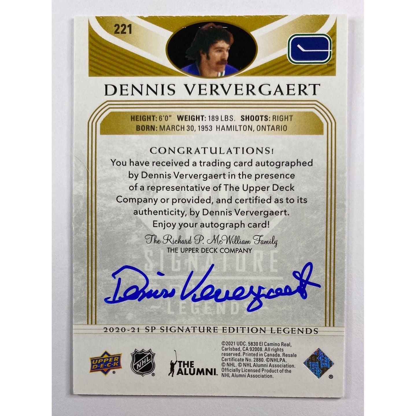 2020-21 SP Signature Legends Dennis Ververgaert Gold Foil Double Auto | Local Legends Cards & Collectibles