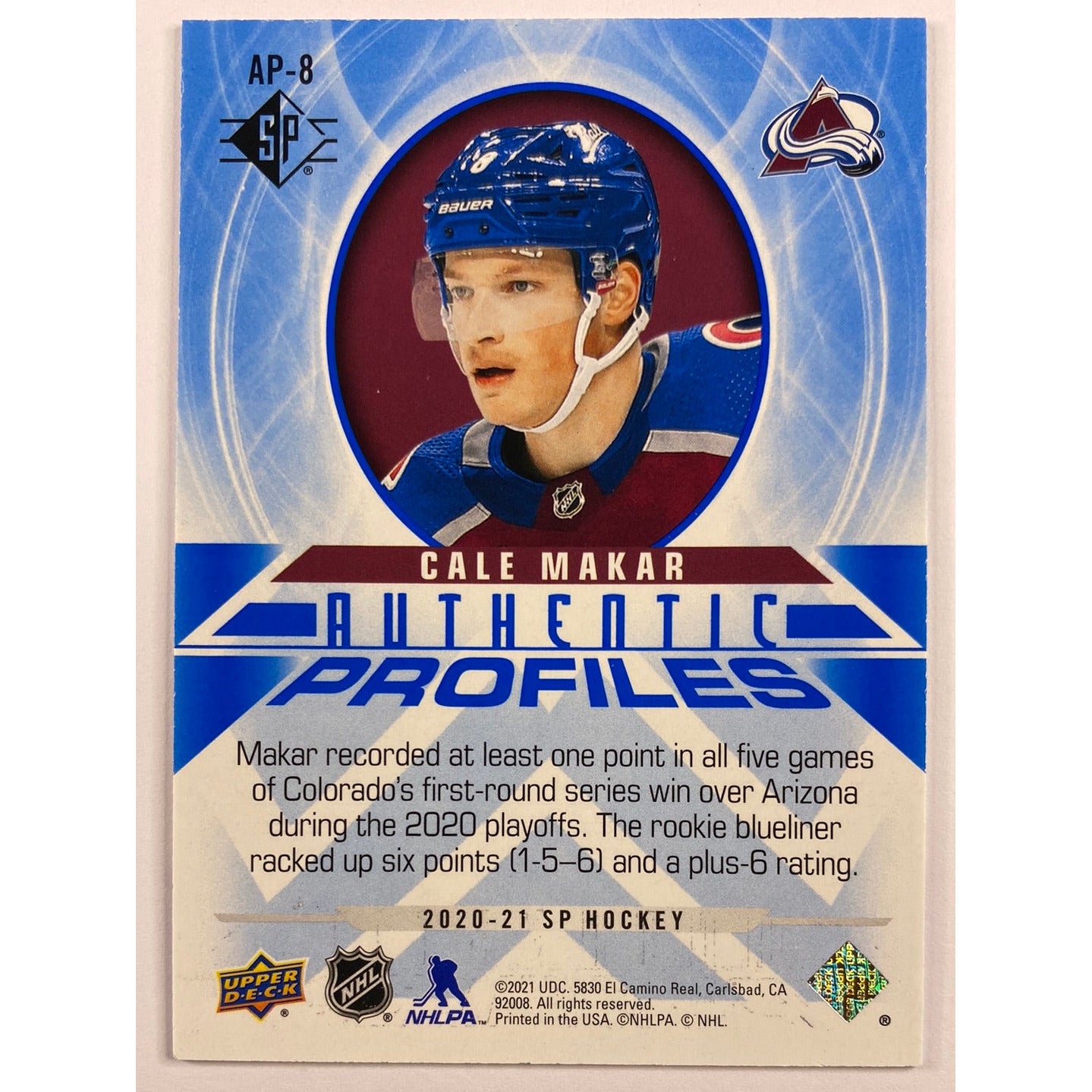 2020-21 SP Cale Makar Authentic Profiles Blue