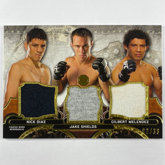 2014 Topps Knockout Nick Diaz / Jake Shields / Gilbert Melendez Triple Threads Combo Relic 02/36