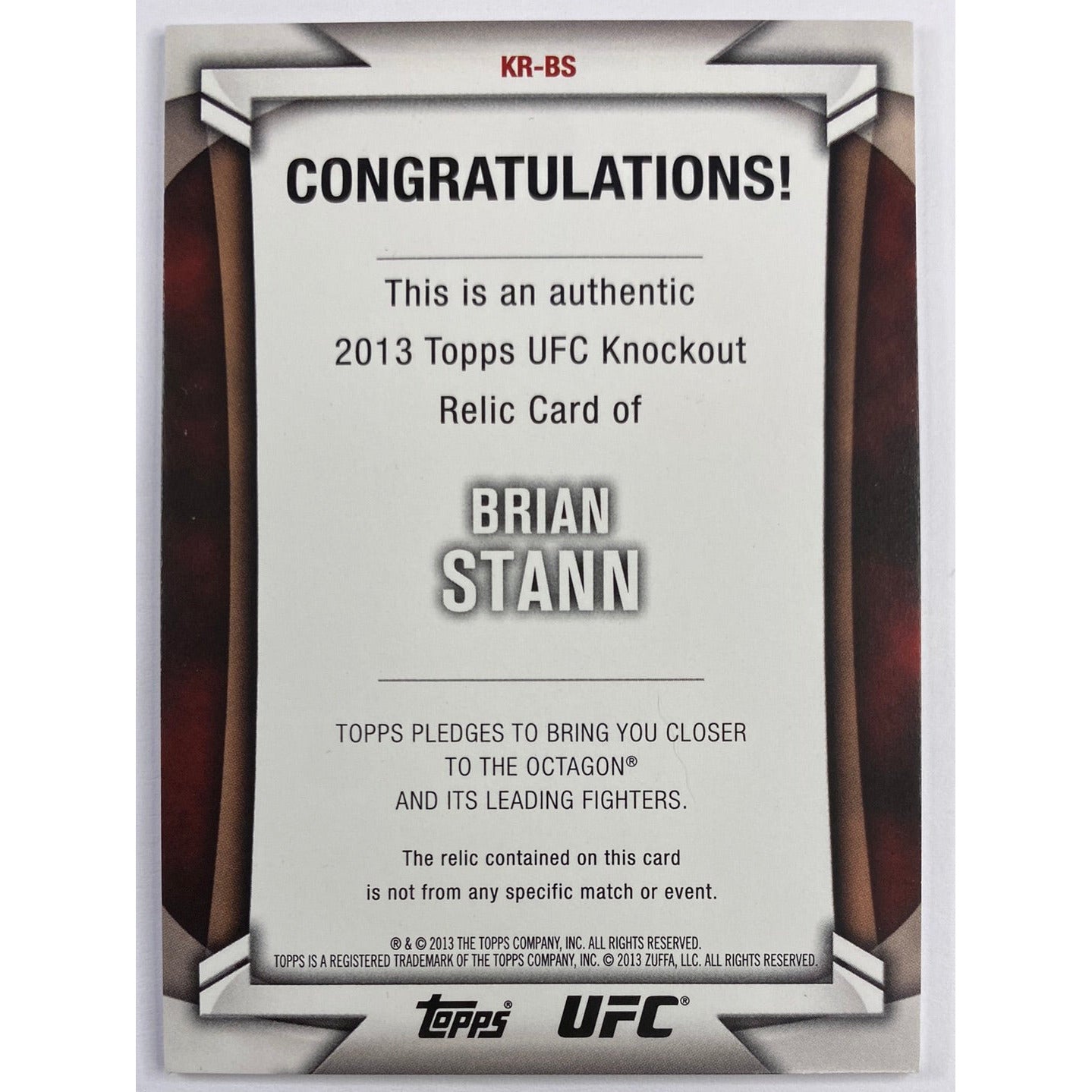 2013 Topps Knockout Brian Stann Fighter Worn Relic /188