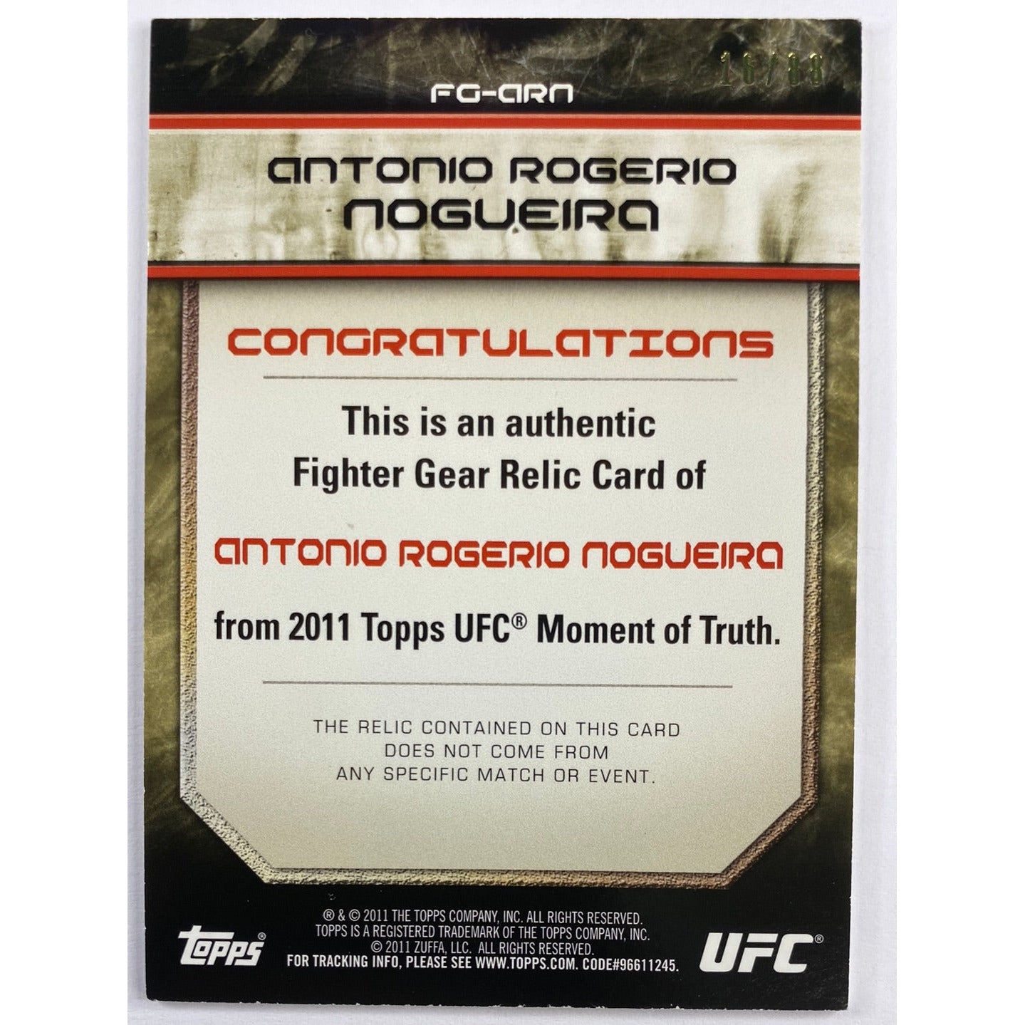 2011 Topps Moment Of Truth Antonio “Big Nog” Nogueira Fighter Worn Relic /88