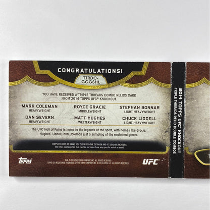 2014 Topps Knockout Mark Coleman / Royce Gracie / Stephan Bonnar / Dan Severn / Matt Hughes / Chuck Liddell Triple Threads 6 Man Booklet 03/36