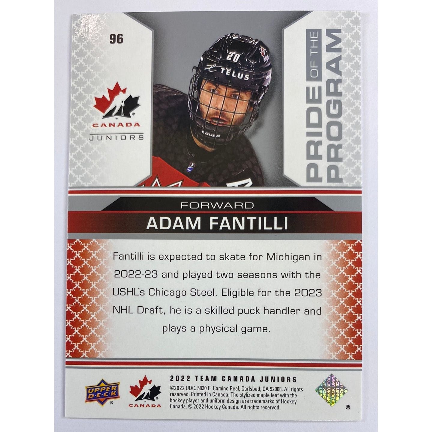 2022 Team Canada Juniors Adam Fantilli Pride of the Program