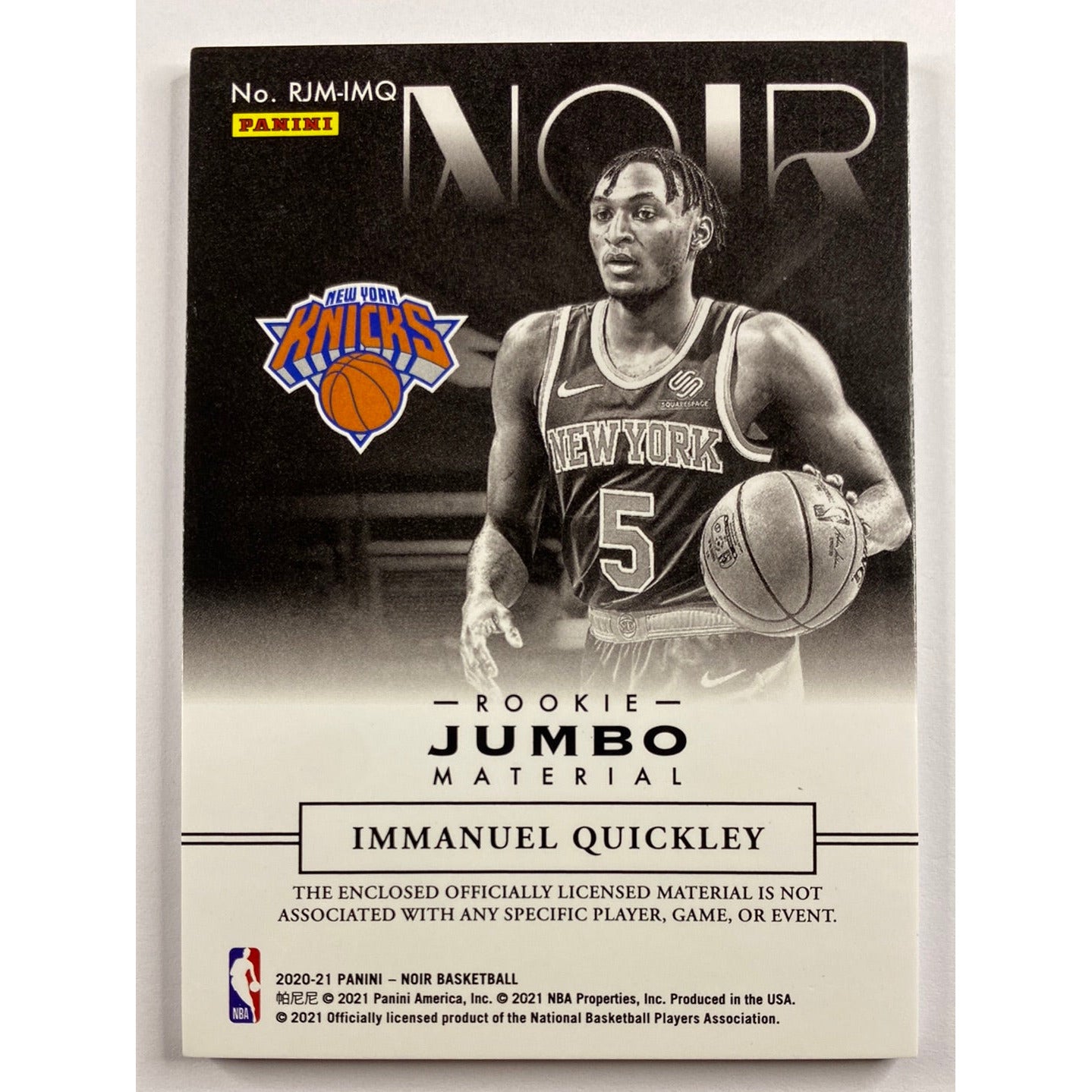 Panini Noir Immanuel Quickley Rookie Jumbo Material /99