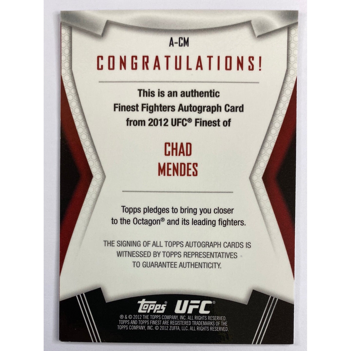 2012 Topps Finest Chad Mendes Finest Fighters Auto