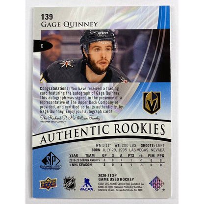 2020-21 SP Gage Quinney Blue Burst Authentic Rookies Auto