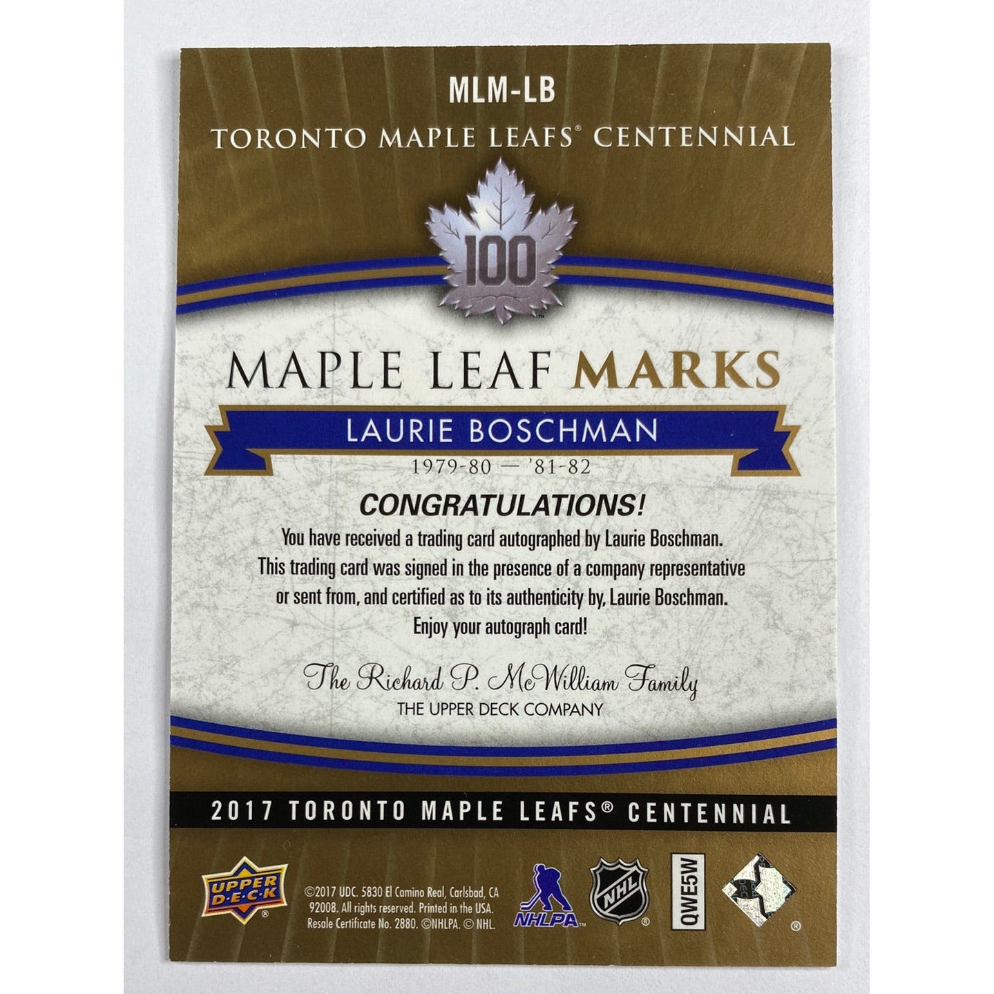 2017 Centennial Laurie Boschman Maple Leaf Marks
