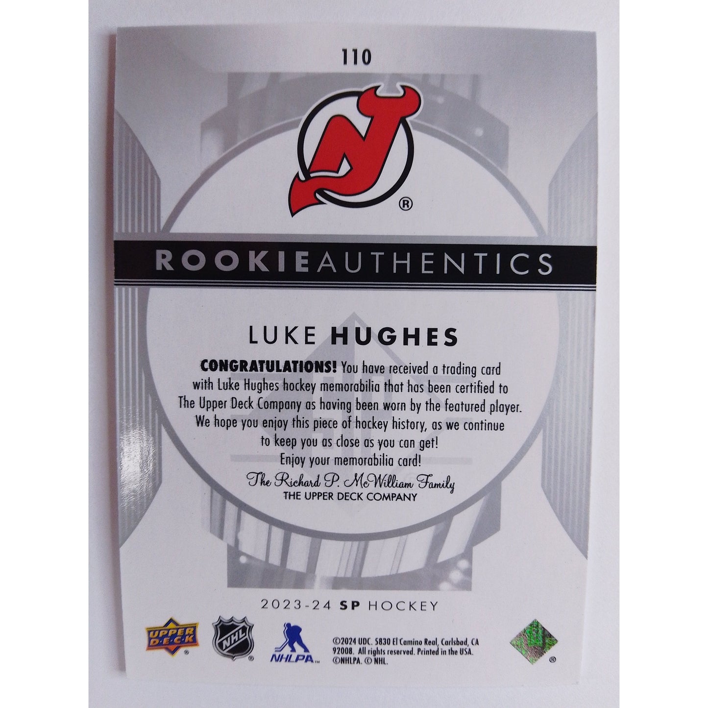 2023-24 SP Rookie Authentics Luke Hughes Jersey Patch